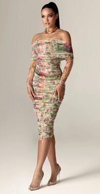 ALIAVA Hayley Off Shoulder Midi Dress in Floral Serenade Size M